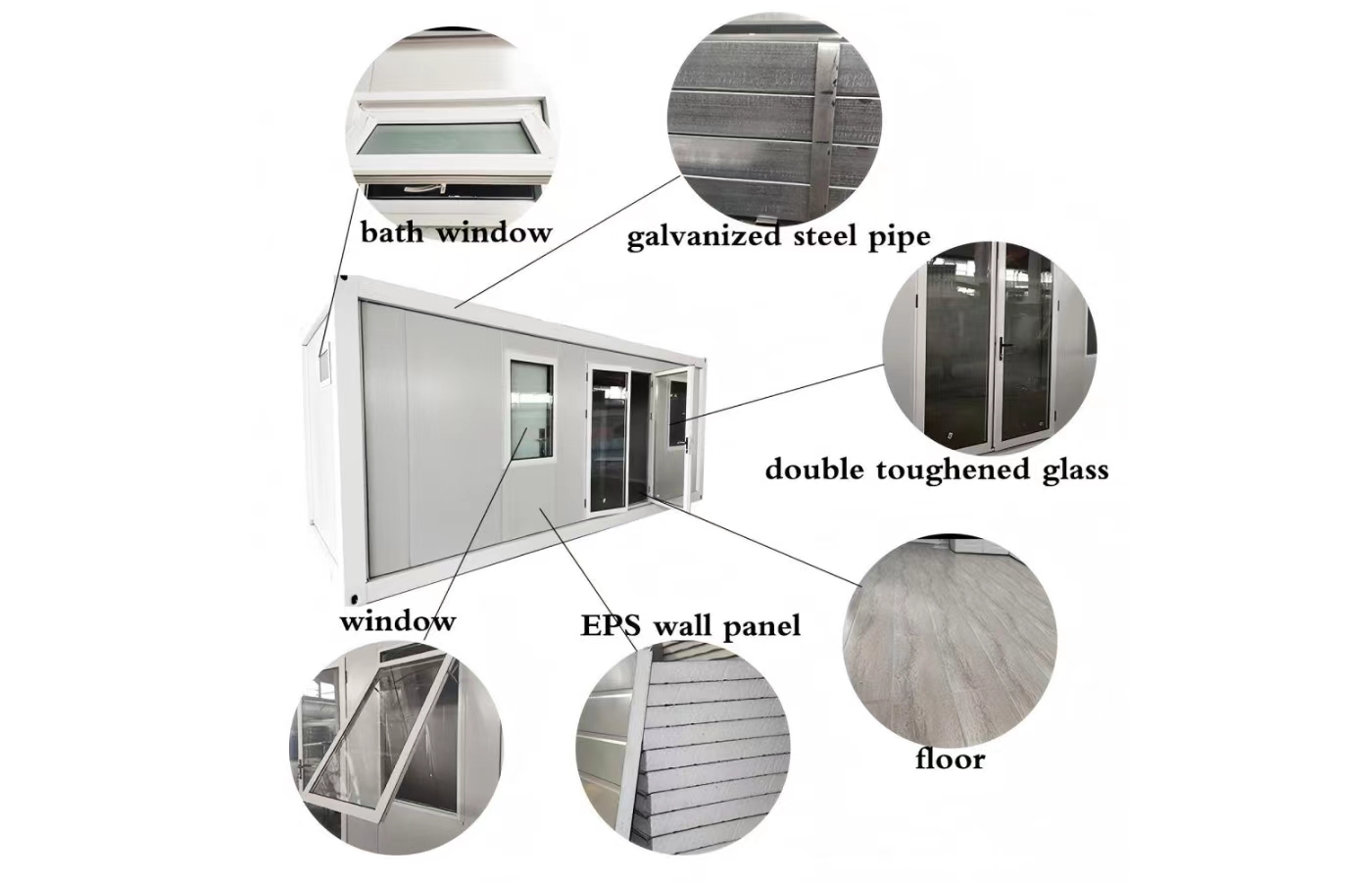 Tilpasset 20 fots fast containerhus med gulv-til-tak-vindu Tilpasset 20 fots fast containerhus med gulv-til-tak-vindu